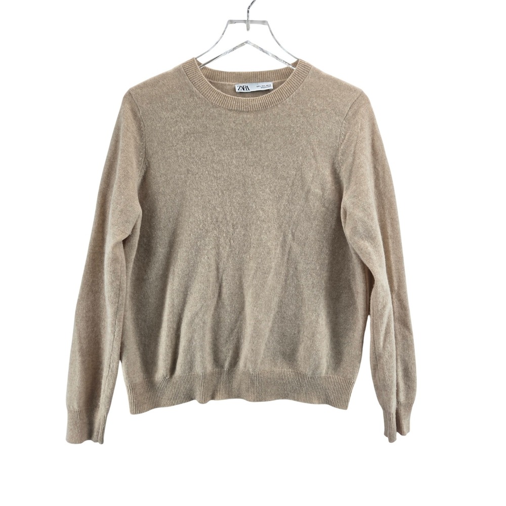 Zara Women 100% Cashmere Crewneck Sweater Beige Tan Size L Long Sleeve Knit